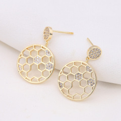 EC1432 High Quality 14k Gold Plated CZ Micro Pave Honeycomb Disc Dangle Earrings