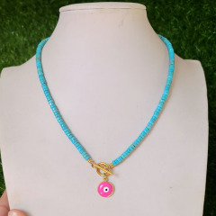 NN1140 Fashion Natural Turquoise Stone Heishi Beaded Gold Plated Stainless Steel Toggle Clasp Enamel Evil Eye Choker Necklace