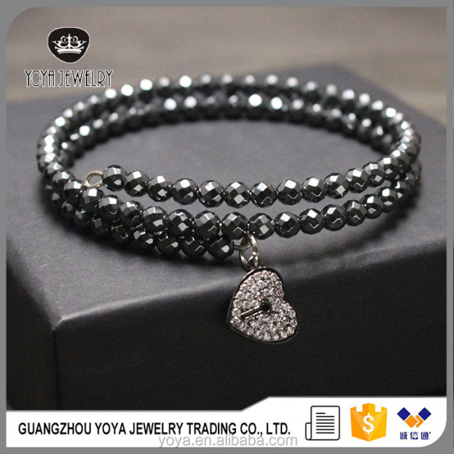 BRH0893 Fashion Faceted Hematite Beaded 3 Strands Memory Wire Bracelet With CZ Micro Pave Heart Charm
