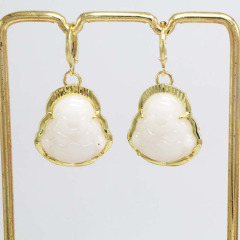 EN1040 18k Gold Plated Jade Stone Laughing Buddha Huggie Hoop Earrings Spiritual Earrings