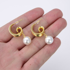 EM1250 18K Gold Plated Brass pearl hoop Stud jewelry earrings