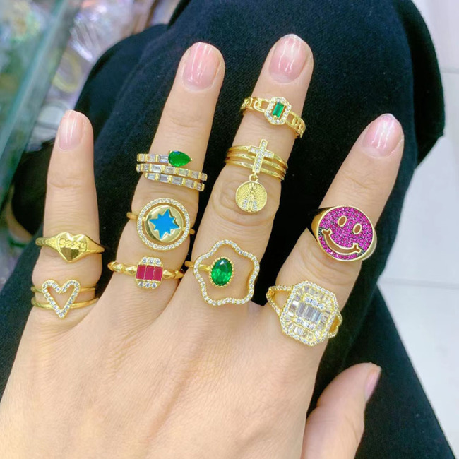 RM1398 Chic Delicate Everyday Stacking 18k Gold Plated over Brass CZ Paved Baguette Heart Smiley North Star Rings for Ladies