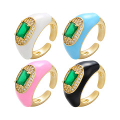 RM1242 gold plated Brass Metal Rainbow enamel CZ diamond micro pave big gemstone adjustable cuff Rings