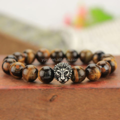 BRS1506G natural gemstone beaded bracelet stainless steel lion head mens stretch bracelet