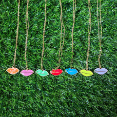 NM1189 18K Gold Plated Colored Enamel Neon Red Pink Lip Pendant Stainless Steel Chain Necklace