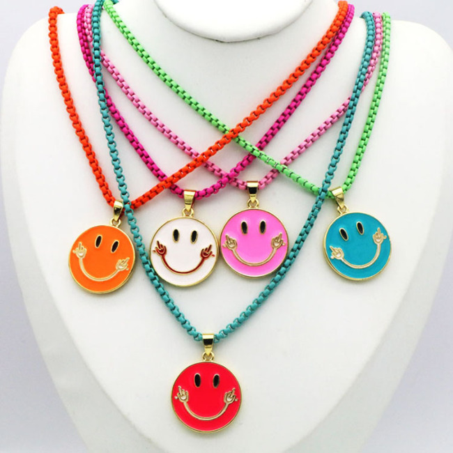 NM1076 2021 Summer Beach Jewelry Gold Plated Enamel Rainbow Smiley Pendant with Enamel Box Chain Necklace