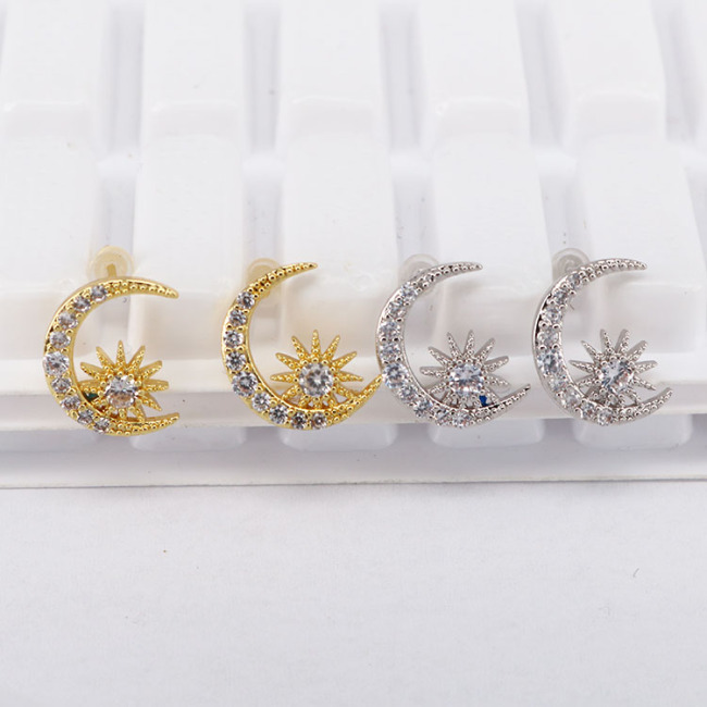 EC1466 New Style CZ Pave Crystal Crescent & Star Earring,Cubic Zirconia Moon And Star Studs Earring