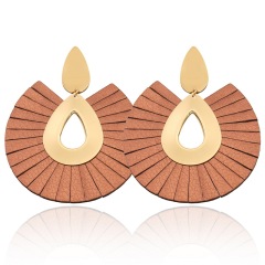 EL1001 Fashion Gold Plated fan-shaped Leather Fringe Tassel Earrings for Women