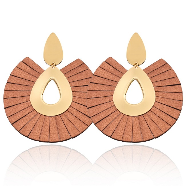 EL1001 Fashion Gold Plated fan-shaped Leather Fringe Tassel Earrings for Women