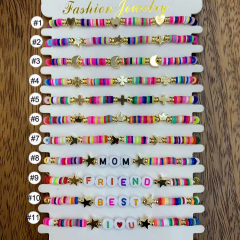 BP1015 Colorful Rainbow Polymer Disc Heishi Beaded Small Gold Star Heart Moon Beads Words Letters Inspirational Stack Bracelet