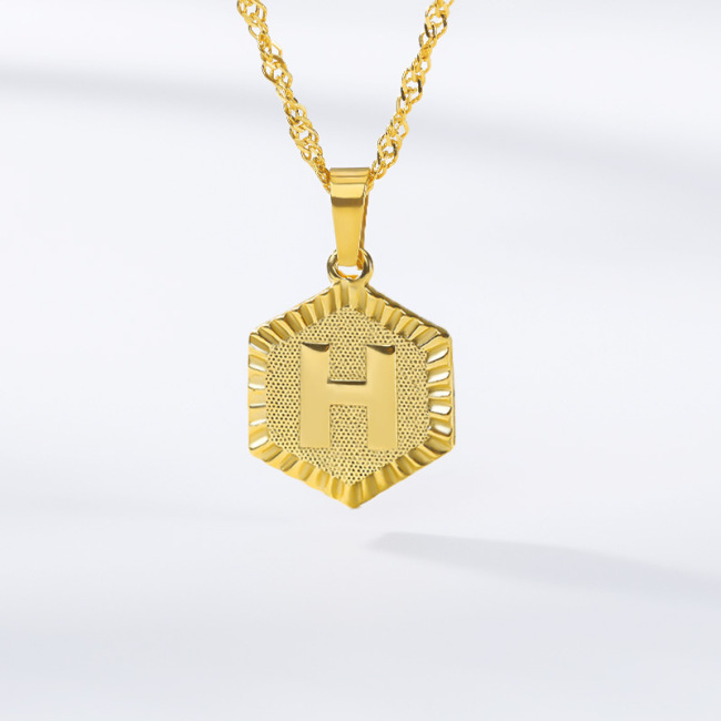 NS1077 Gold Plated Stainless Steel Hexagonal Capital Letter Initial Medal Pendant Chain Necklace