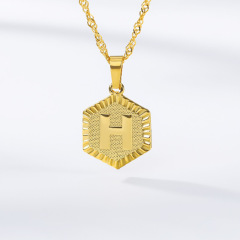 NS1077 Gold Plated Stainless Steel Hexagonal Capital Letter Initial Medal Pendant Chain Necklace NS1077 Gold Plated Stainless Steel Hexagonal Capital Letter Initial Medal Pendant Chain Necklace