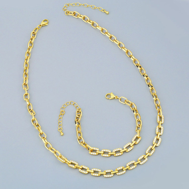 Bling Jewelry CZ Micro Pave Link Chain bracelet and necklace earring set, Zircon Diamond Chain jewelry set for Women