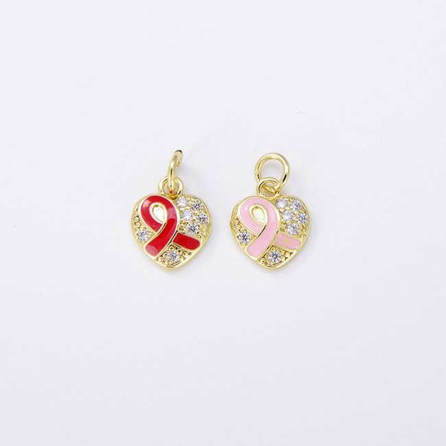 CZ8297 Dainty minimal Mini CZ Micro Pave Heart Pink Ribbon Charm,Small Cubic Zirconia Love Heart Breast Cancer Awareness Charms