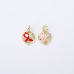 CZ8297 Dainty minimal Mini CZ Micro Pave Heart Pink Ribbon Charm,Small Cubic Zirconia Love Heart Breast Cancer Awareness Charms
