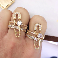RM1153 Popular Chic Gold Plated Diamond Zircon CZ Micro Pave Gold Double Stacking Safety Pin Adjustable Rings