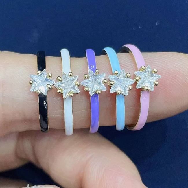 RM1209 Chic Dainty Mini Simple Rainbow Enamel Bling Crystal Gold Plated Oval Eye Diamond CZ Bezel Rings for Women Ladies