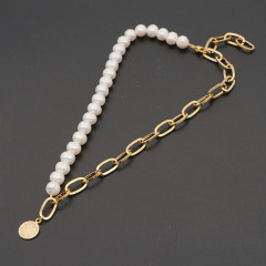 Chic Gold Plated Stainless Steel Paperclip Chain Pearl Coin Statement Pendant Layering Necklace Jewelry,Cross Pendant Necklace