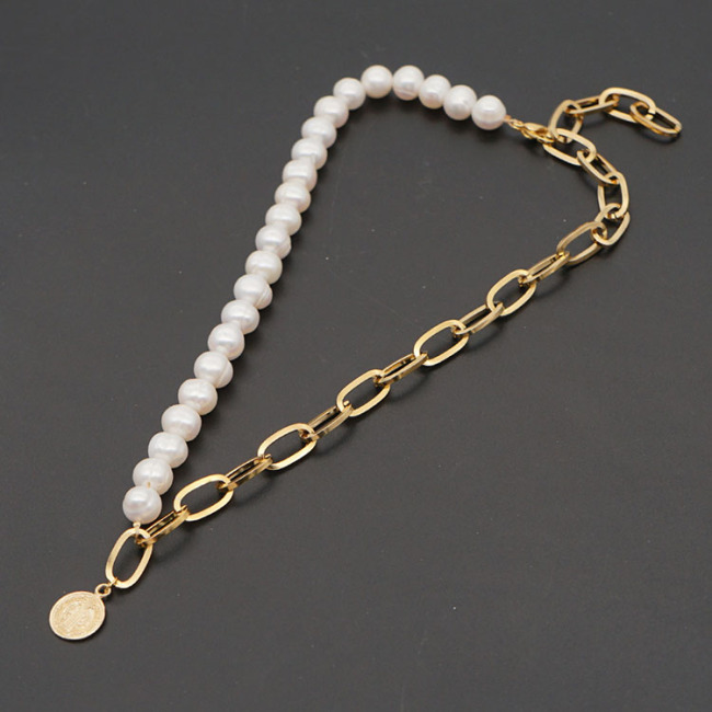 Chic Gold Plated Stainless Steel Paperclip Chain Pearl Coin Statement Pendant Layering Necklace Jewelry,Cross Pendant Necklace