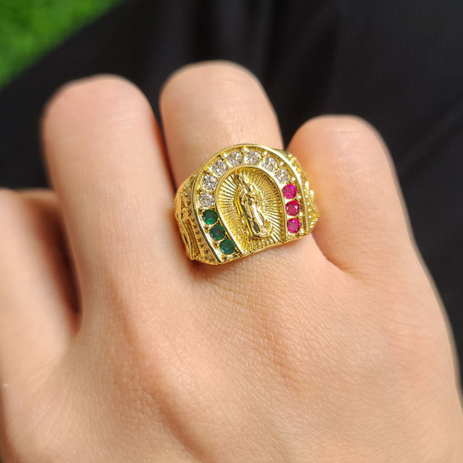 RM1386 18K Gold CZ Micro Pave Baguette ring, cubic zirconia Virgin Mary Virgen de Guadalupe ring, Zircon Flower Butterfly Rings,