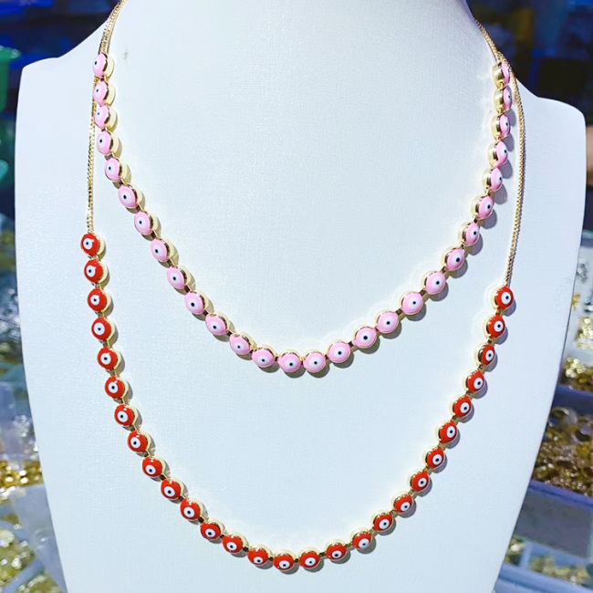 NM1182 Chic 18k Gold Plated Multicolor Rainbow Enamel Evil Eyes Slide Chain Choker Necklaces for Women Ladies