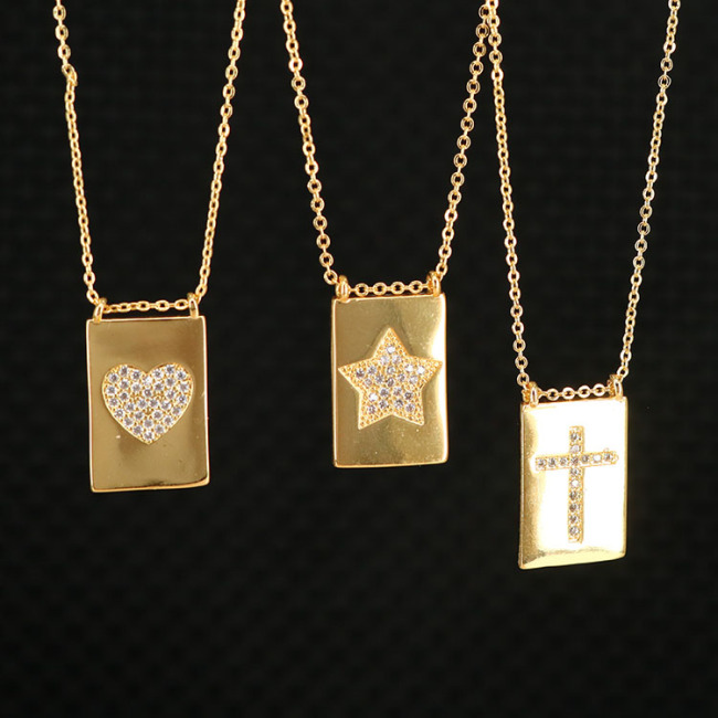 NZ1157 Chic Gold Plated Zircon Diamond CZ Micro Paved Star Heart Cross Rectangle Medal Pendant Chain necklace