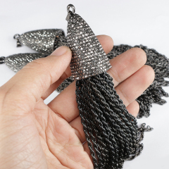 Hip Hop Boho Jewelry supplies, Large Hematite crystal pave gunmetal Rope chain jewelry tassels pendants for necklace making