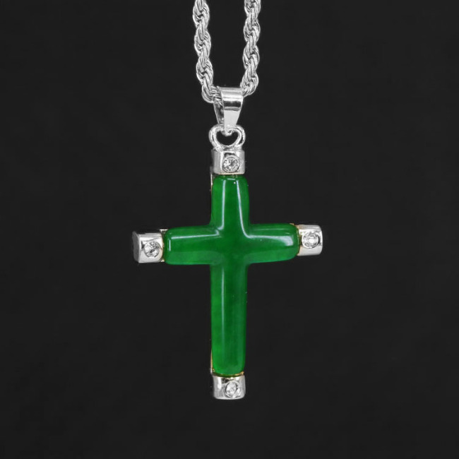 NN1136 Stainless Steel Chain Round Disc Natural Jade Cross Necklace Chinese Style Lucky Jewelry Jade Necklace