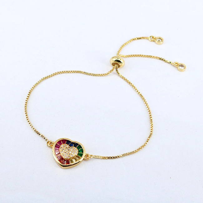 BC1267 Fashion  Charm Adjustable Gold plated Brass CZ Micro Pave colourful Heart Chain Wrist Ladies  Bracelet