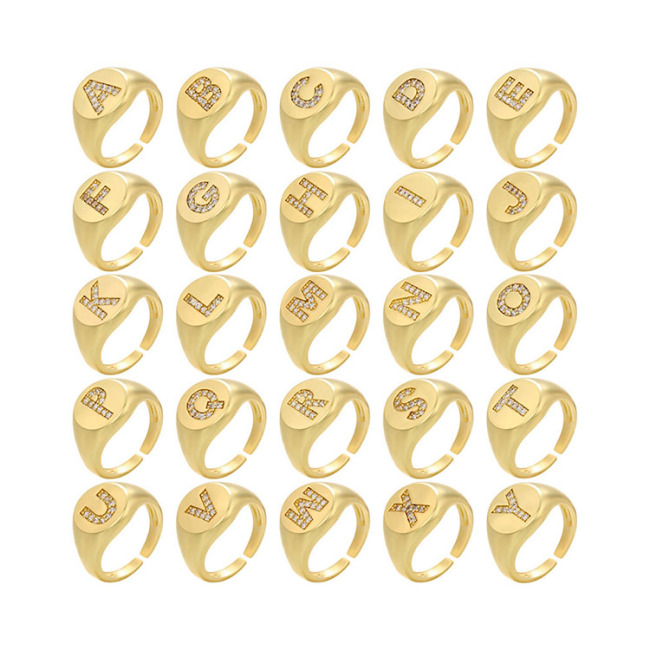 RM1230 18K gold plated brass metal Delicate Diamond Cubic Zirconia Paved Letter Alphabet Initial Adjustable Finger Rings