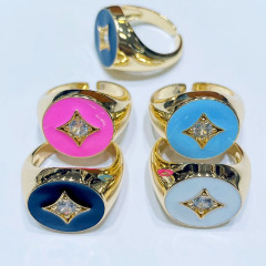 RM1241 gold plated Brass Metal Rainbow enamel CZ diamond micro pave adjustable cuff Rings