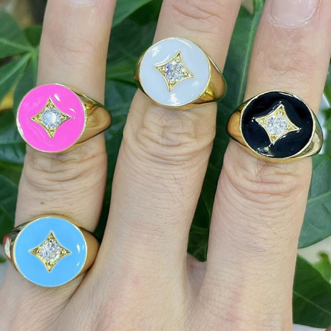 RM1241 gold plated Brass Metal Rainbow enamel CZ diamond micro pave adjustable cuff Rings
