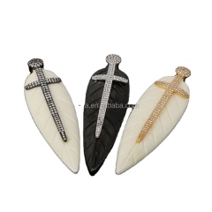 CZ7280 Fashion CZ micro pave cross feather pendant, Ox bone pendant