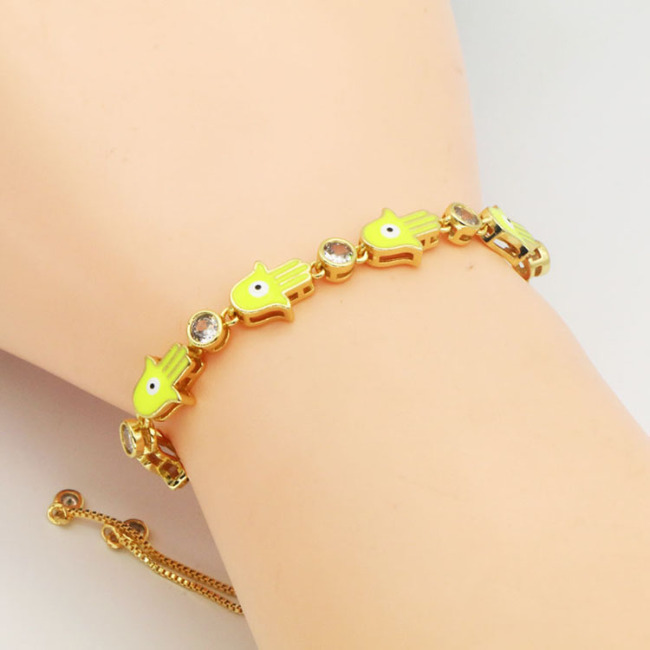 BC1391 Adjustable Dainty 18k Gold Plated Rainbow Enamel Multi Colored Hamsa Hand with Eye and CZ Spiritual Chain Slide bracelets