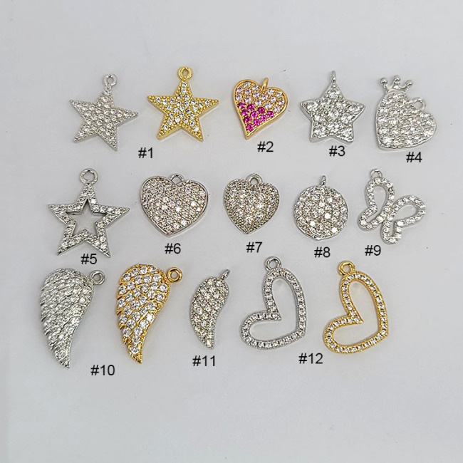 CZ8440 Dainty mini 18k gold silver plated CZ micro pave diamond Star Heart Angel Wing Butterfly Disc Round Charm Pendants