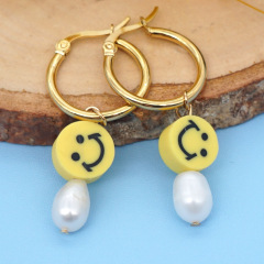 EP1011  Smiley Face Jewelry,Freshwater Pearl Earrings,Smiley Charm Stainless Steel Hoops