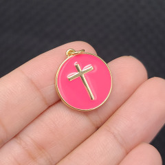 JS1602 18K Gold Plated Cross on Candy Colour Enamel Neon Multicolor Disc Round Charm Pendants