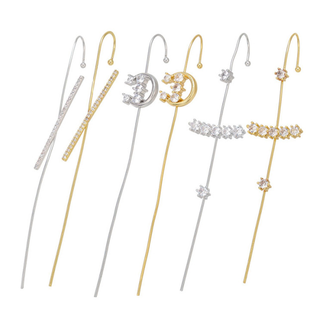 EC1713 CZ Micro Pave Bar Ear Pin Minimalist Jewellery Cartilage earring Chain ear cuff pin Chain earring Needle earring