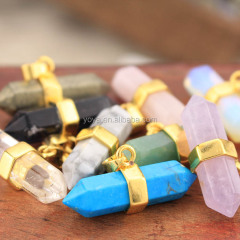 JF6779g natural crystal stone double terminated horizontal point pendants with gold bail clasp