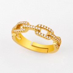 RM1183 New Dainty Gold Plated Diamond CZ Micro Pave Toggle Curb Cuban Chain Zipper Oval Double Stack Cocktail Rings