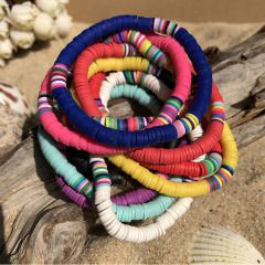 BP1011 Trial Jewellery Multicolor Bohemian Elastic Heishi Beads Bracelets, African Vinyl Polymer Filo Clay Disc Beads Bracelets