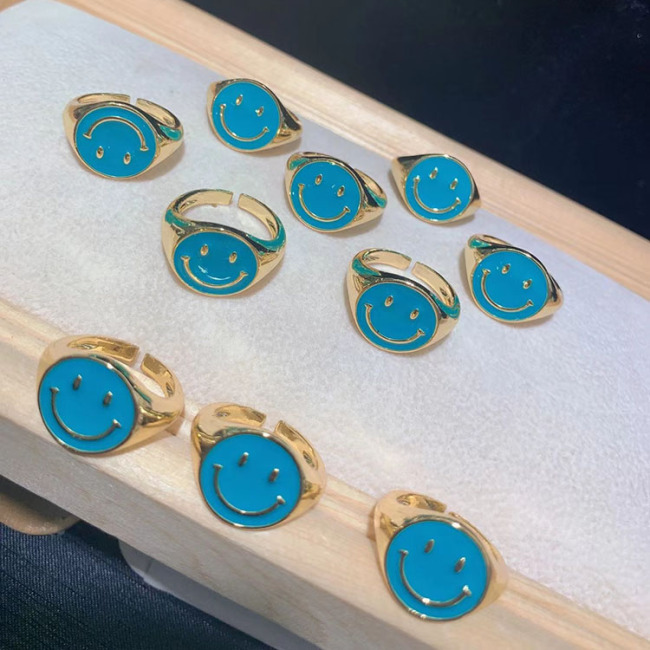 RA1005 New Dainty Minimalist Bling 18K Gold Plated Neon Rainbow Enamel Smile Face Smiley Open Rings For Women Ladies