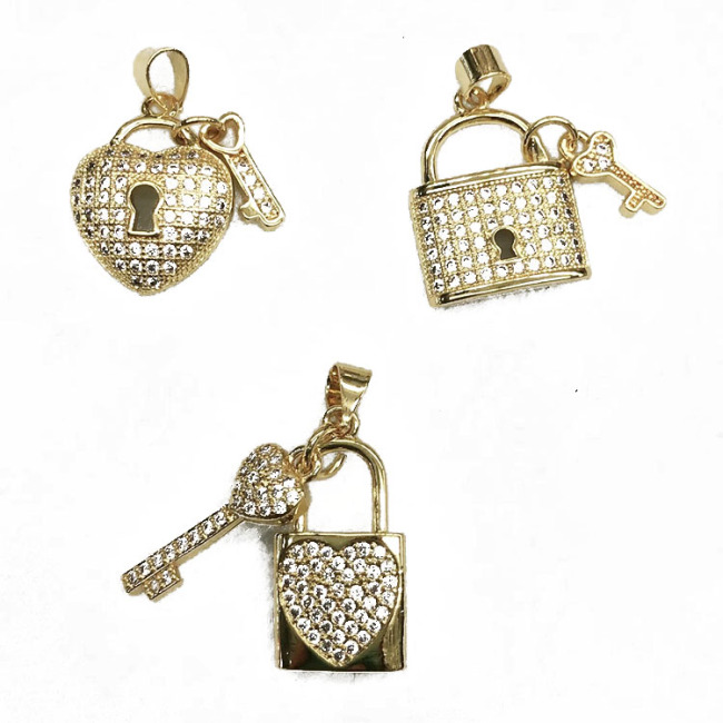 CZ8203 CZ Micro Pave Padlock and Key Charm Pendant, Cubic Zirconia Pave Lock and Key Pendant for Statement Necklace Component