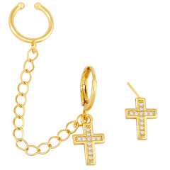 Unbalance Moon & Star Gold Cartilage Threader Climber Earrings with Ear Cuff, CZ Gold Chain Celestial Star Cross Wrap Earring