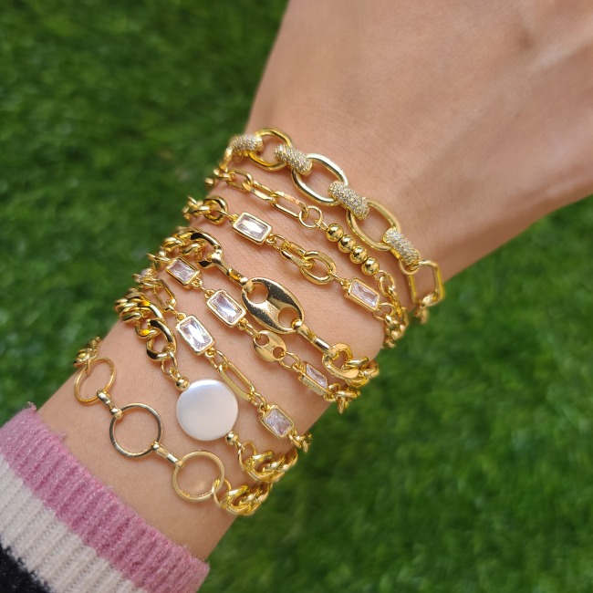 BC1413 Dainty Gold Coffee Bean Diamond Zircon Cubic Zirconia Rectangular Baguette Curb Link Chain Bracelets for Ladies