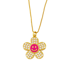 NZ1221 NEW 18K gold plated brass cz diamond micro pave enamel sun flower smiley Charm Pendant Necklaces