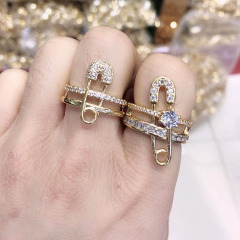 RM1153 Popular Chic Gold Plated Diamond Zircon CZ Micro Pave Gold Double Stacking Safety Pin Adjustable Rings