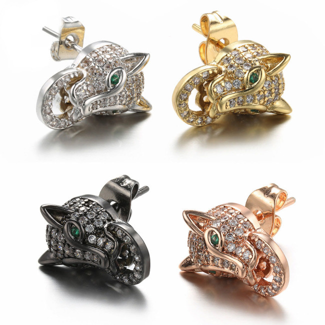 EC1144 Trendy Cute Gold CZ Lleopard Head Stud Earrings,Dainty CZ Diamond Panther Head Charm Studs