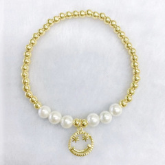 BC1336 Fashion CZ Pave Bear charm pearl women bracelet ,trendy tiny gold plated copper bead wrist ladies bracelet