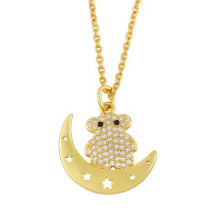 NZ1219 popular 18k gold plated brass colored CZ diamond mirco pave charms teddy bear moon Pendant Necklaces